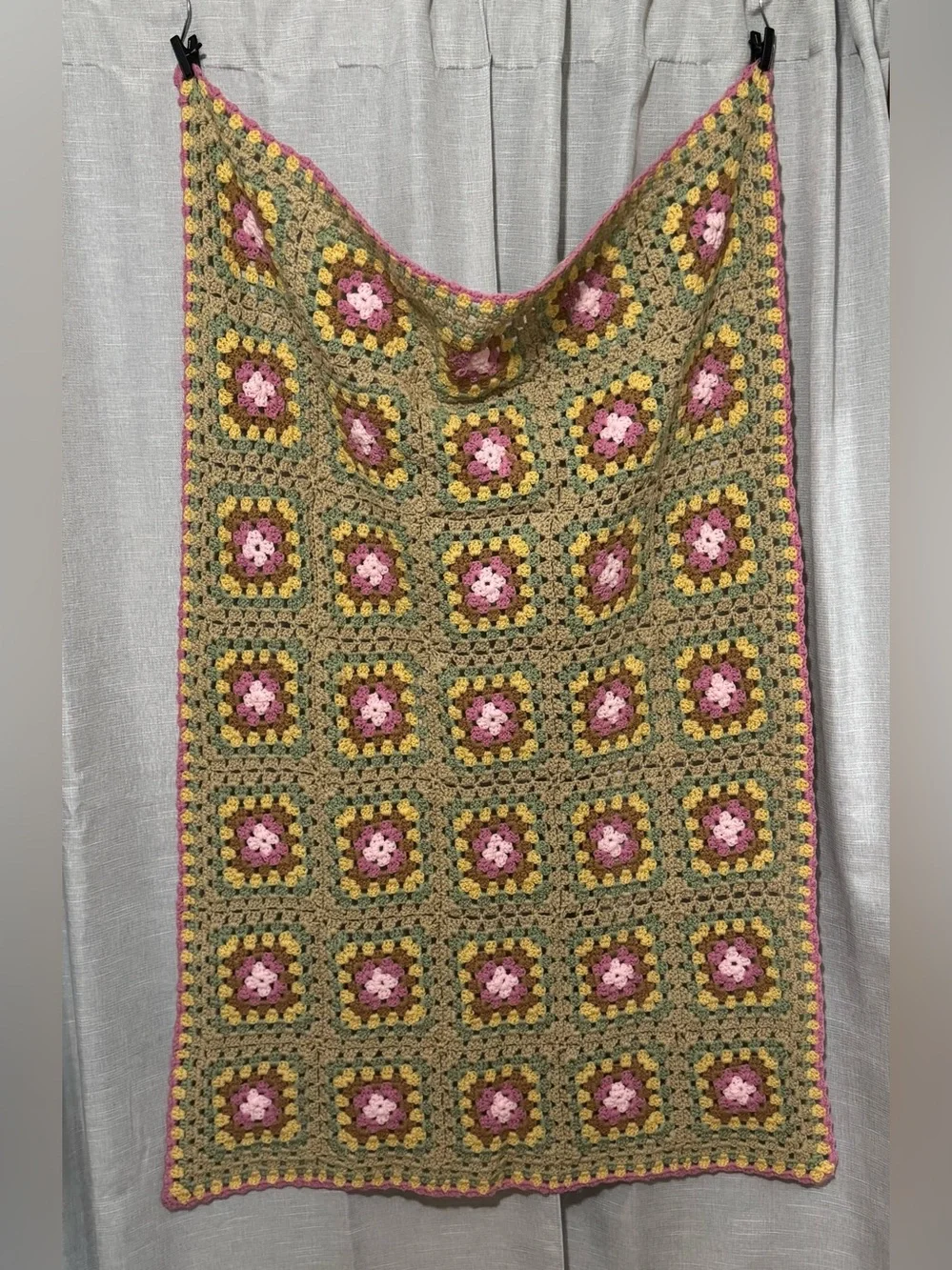 Handmade Blanket-Crocheted Granny Square-Pink/Brown/Green/Yellow-Gently Used